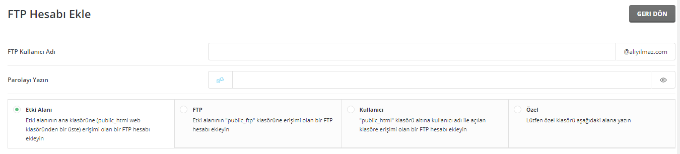 DirectAdmin Hosting Yeni FTP Hesabı Oluşturma 6
