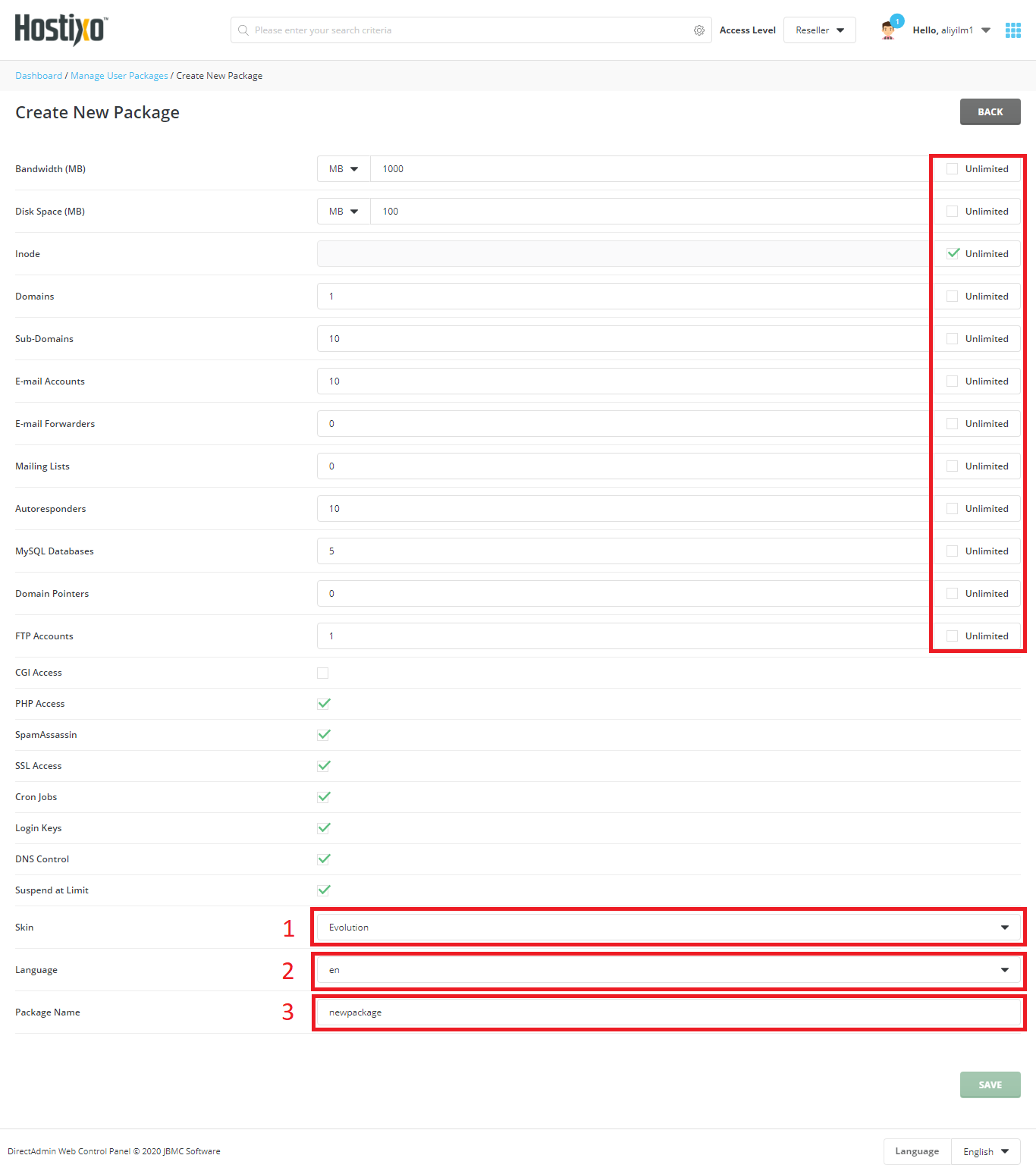 DirectAdmin Bayi Hesabından Paket Oluşturma 5
