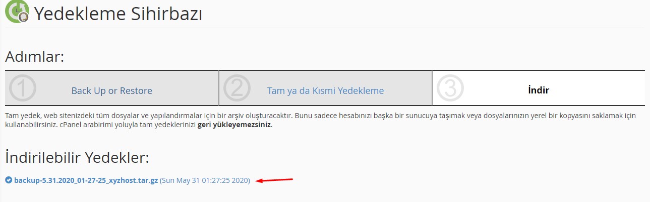 CPanel Yedek İndirme
