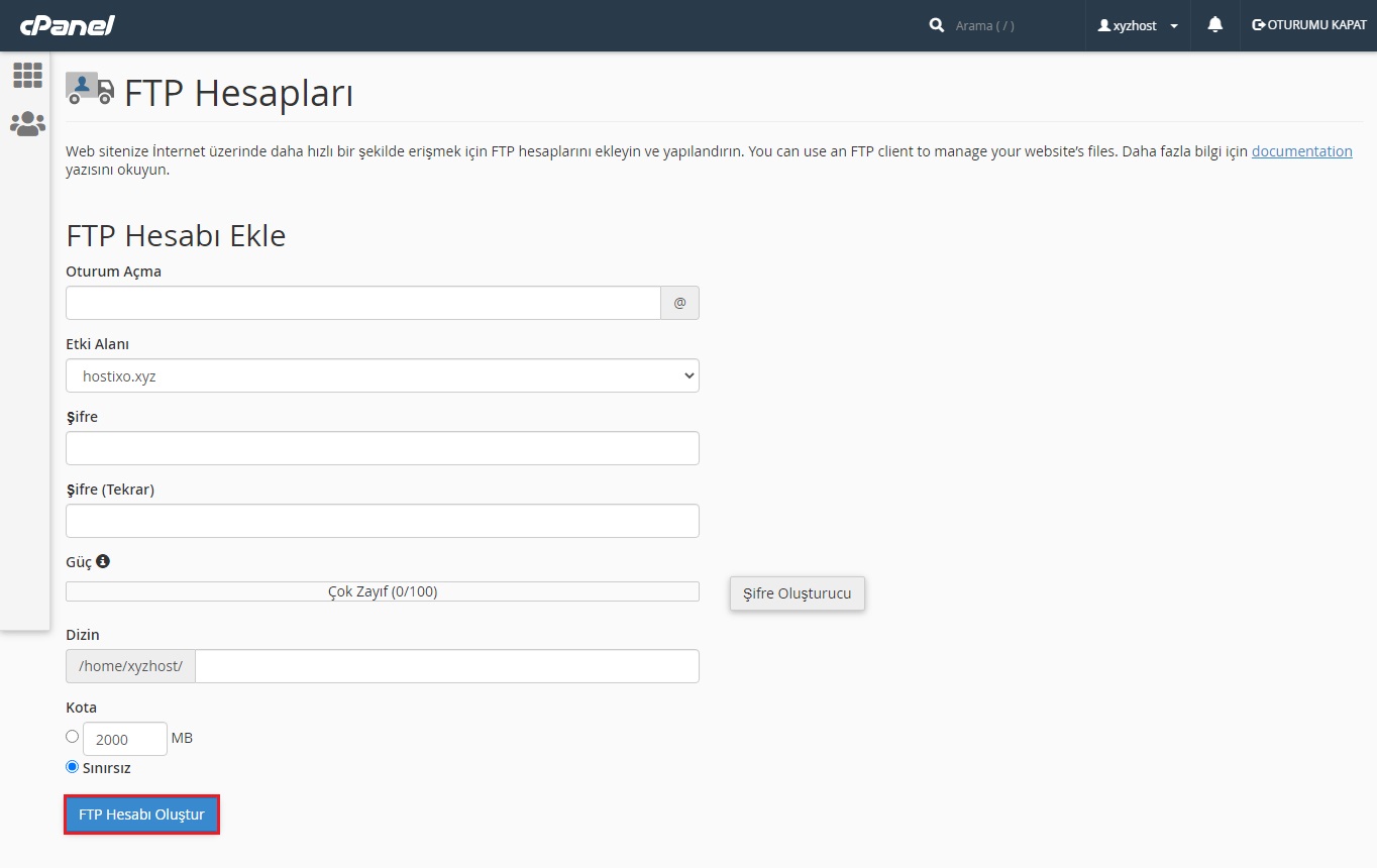 Cpanel FTP Kullanıcı Hesabı Oluşturma 2