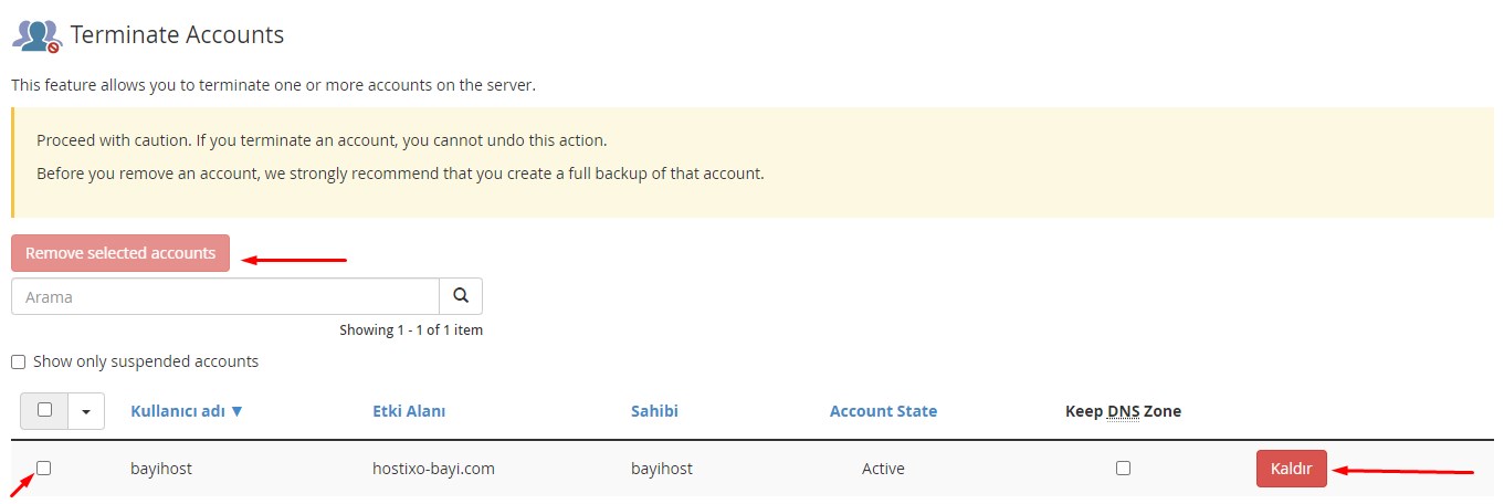 WHM Hesabından Hosting Hesabını Silme 2