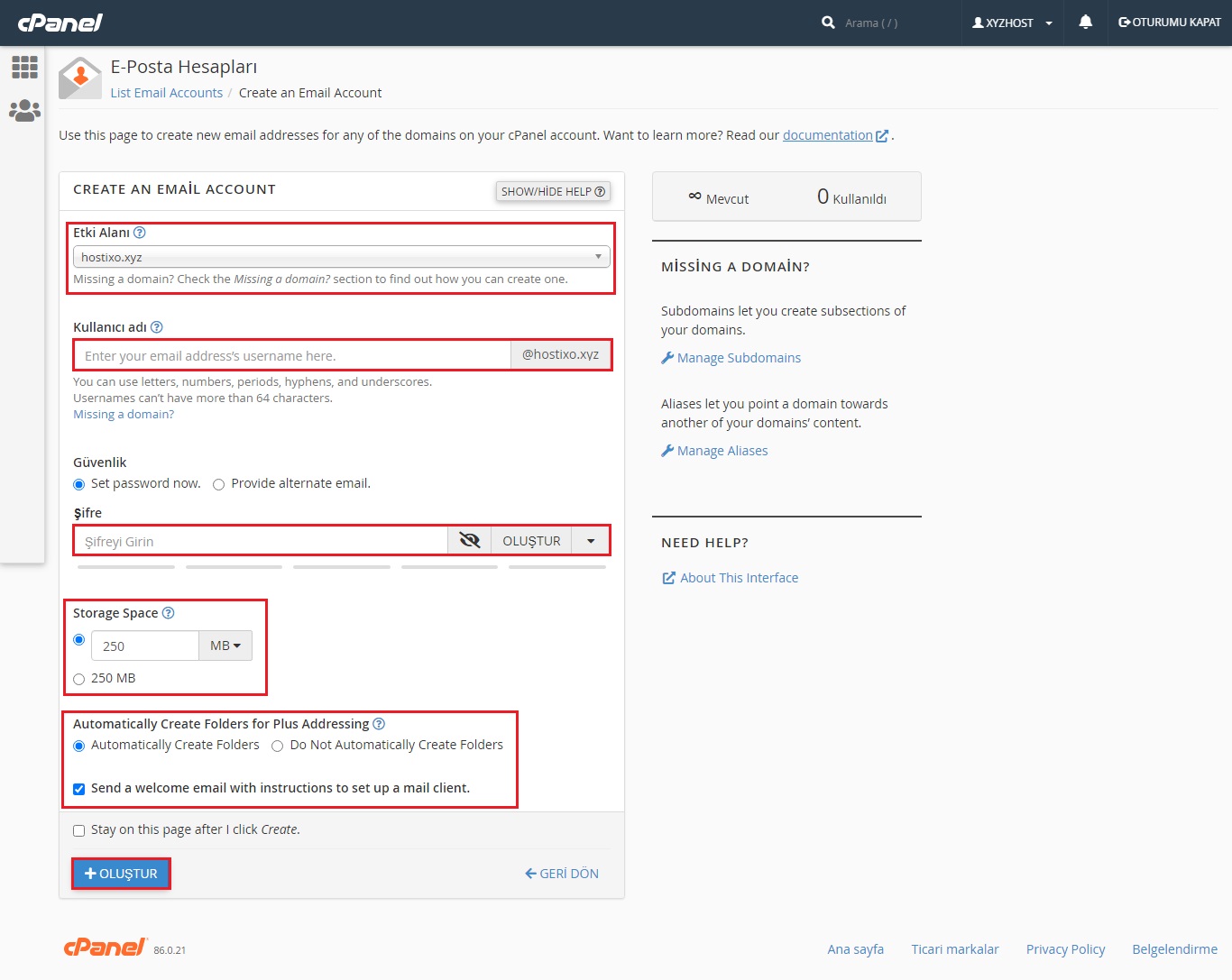 cPanel Domain Mail Hesabı Oluşturma 3