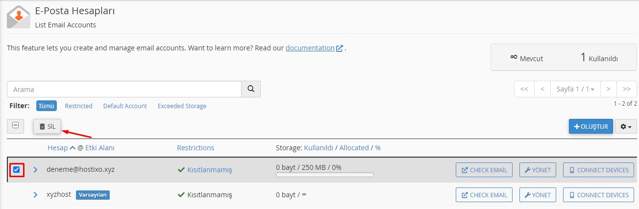 cPanel Domain Mail Hesabı Silme 1